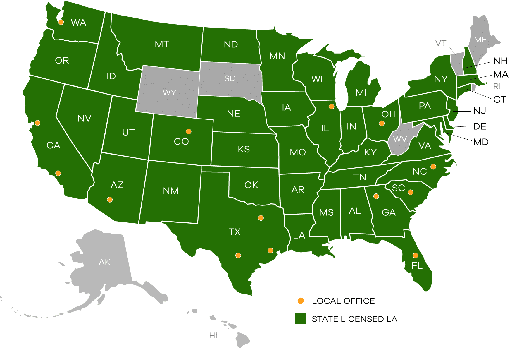 Map of the United States showing Evergreen Design Group's major offices, providing national landscape architecture services.
